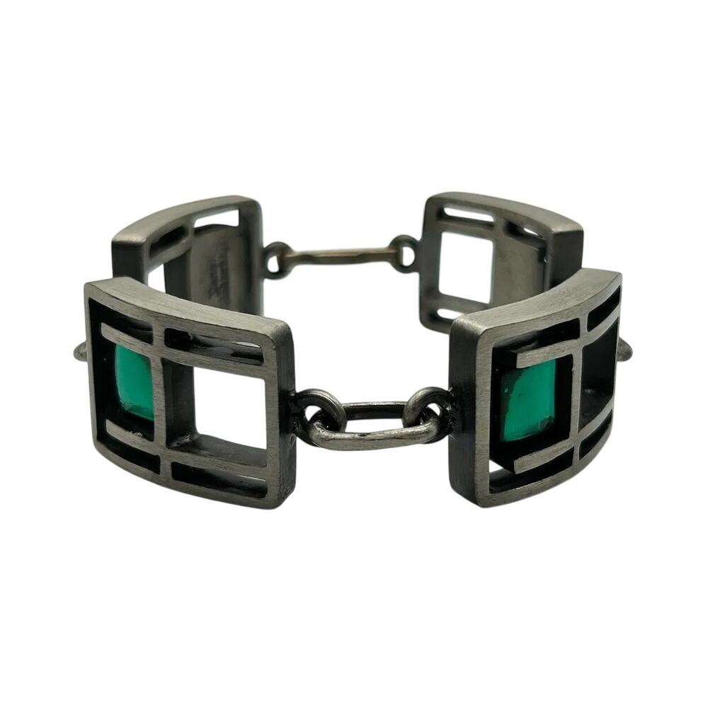 Vintage Artisan Made Post Modern Green Glass and Pewter Bracelet